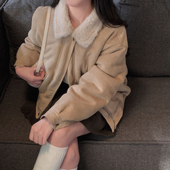 왕따뜻 델리만쥬 스웨이드 양털 무스탕 점퍼 크롭 퍼 자켓 베이지