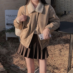 왕따뜻 델리만쥬 스웨이드 양털 무스탕 점퍼 크롭 퍼 자켓 베이지