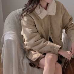 왕따뜻 델리만쥬 스웨이드 양털 무스탕 점퍼 크롭 퍼 자켓 베이지