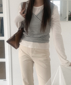 【起毛】ストライプラップスリーブレス IVORY