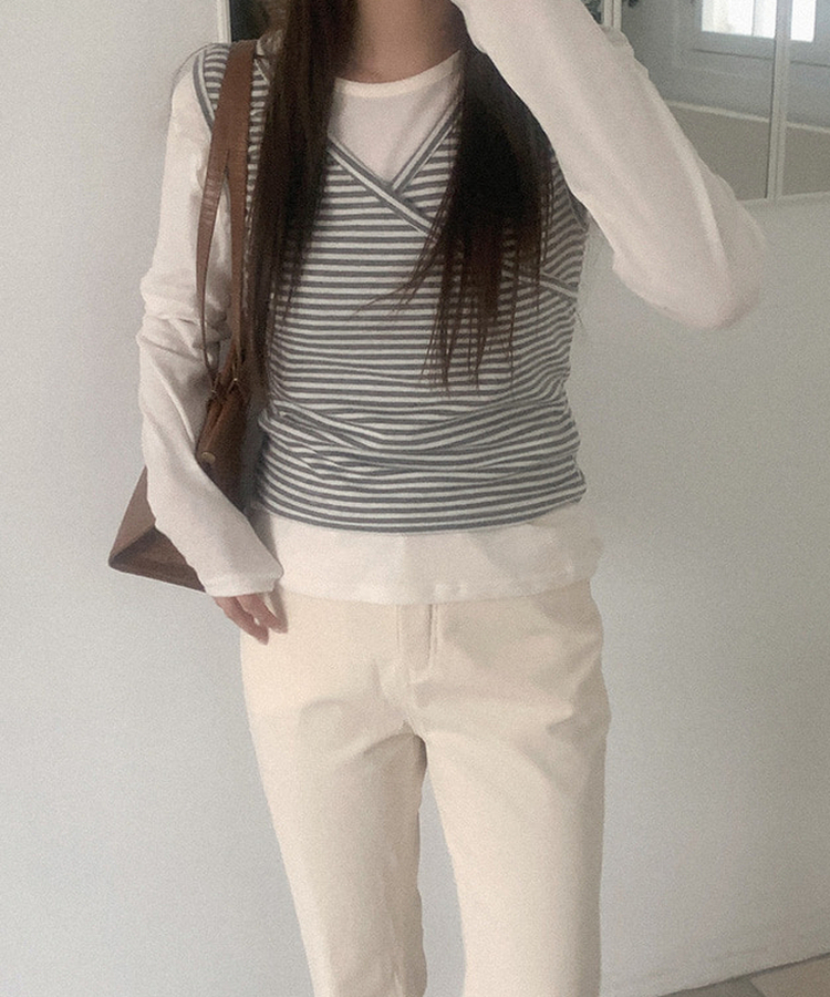 【起毛】ストライプラップスリーブレス IVORY