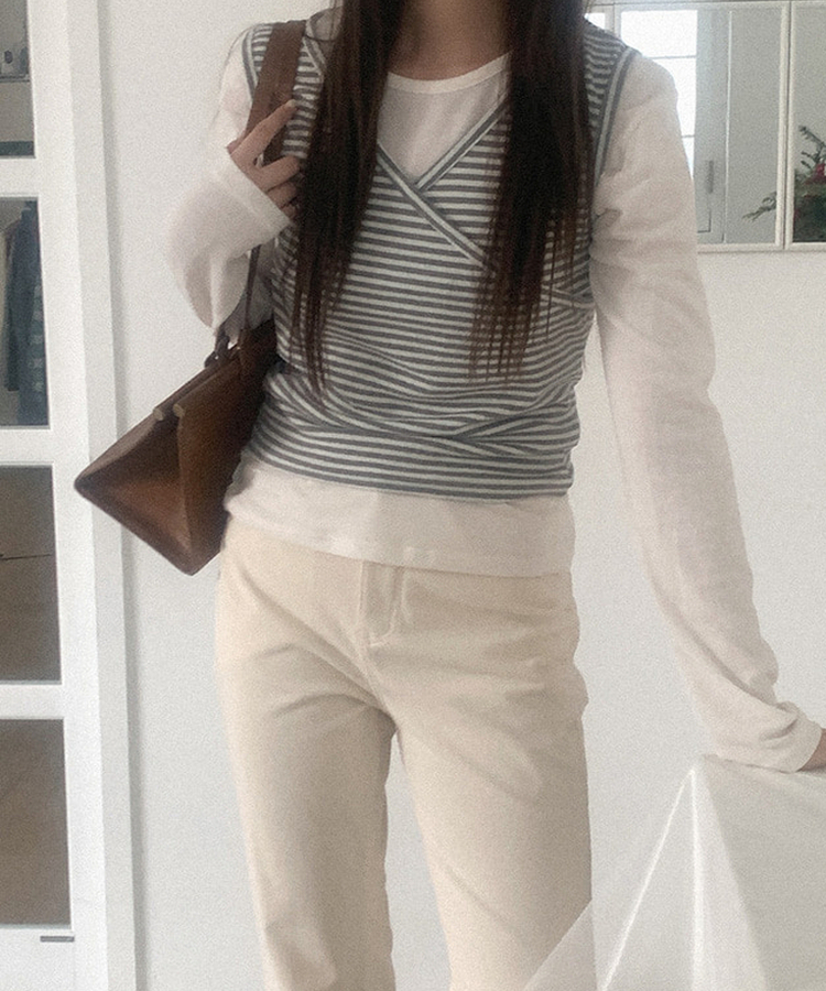 【起毛】ストライプラップスリーブレス IVORY