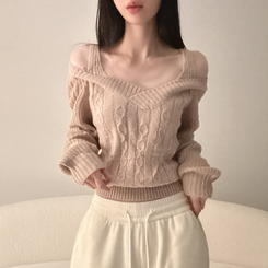 Vネックショルダースリットニット PINK