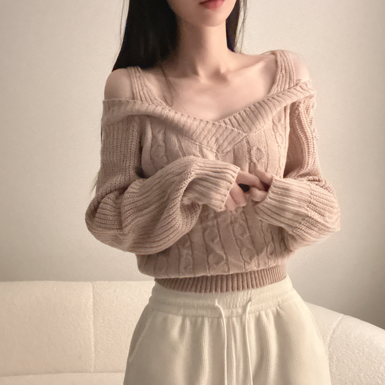 Vネックショルダースリットニット PINK