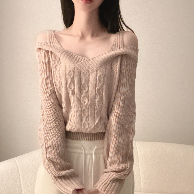 Vネックショルダースリットニット PINK