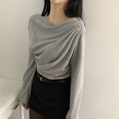【起毛】ドレープオフショルダー薄長袖Tシャツ GREY