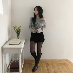 【起毛】ドレープオフショルダー薄長袖Tシャツ GREY