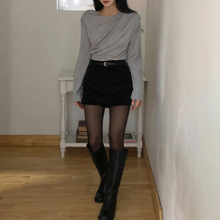 【起毛】ドレープオフショルダー薄長袖Tシャツ GREY