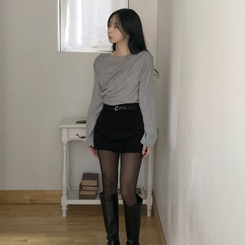 【起毛】ドレープオフショルダー薄長袖Tシャツ GREY