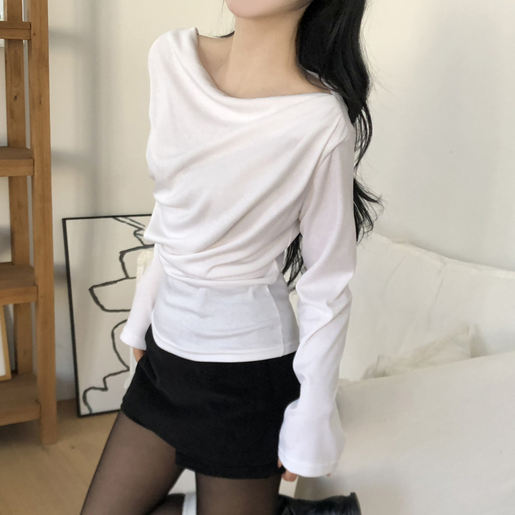 【起毛】ドレープオフショルダー薄長袖Tシャツ IVORY