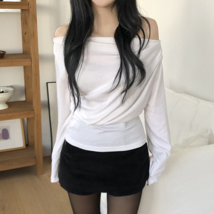 【起毛】ドレープオフショルダー薄長袖Tシャツ IVORY