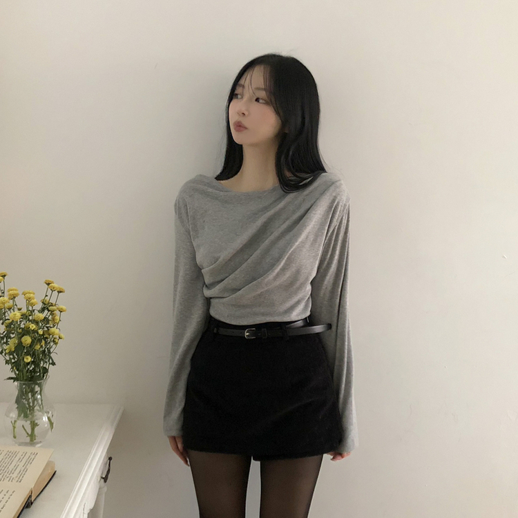 【起毛】ドレープオフショルダー薄長袖Tシャツ GREY