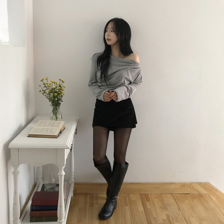 【起毛】ドレープオフショルダー薄長袖Tシャツ GREY