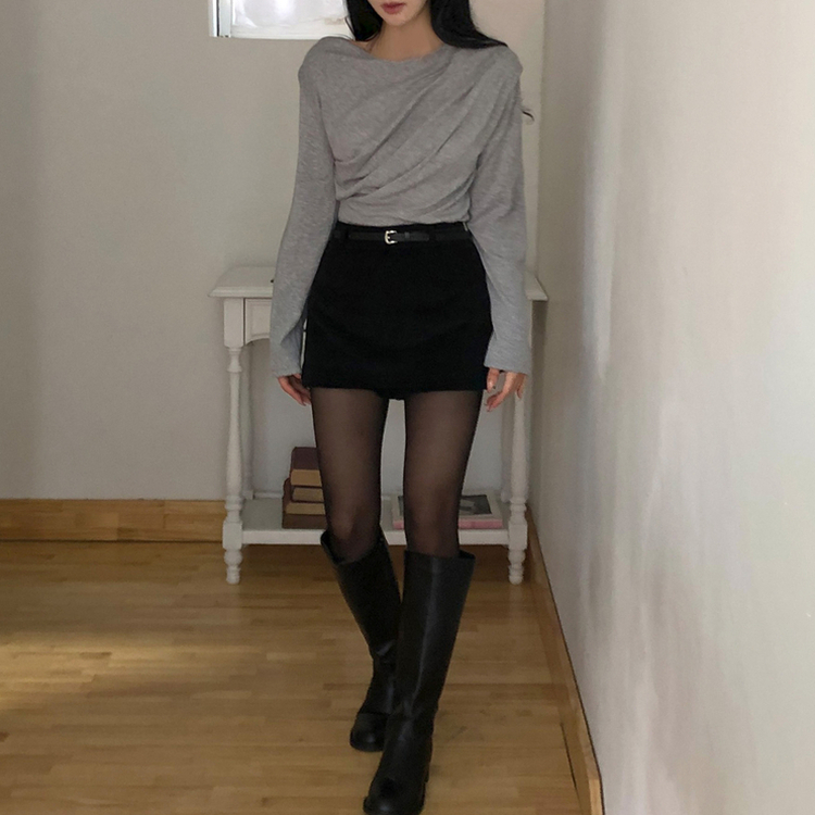 【起毛】ドレープオフショルダー薄長袖Tシャツ GREY