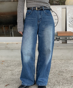 【丈別】ダブルカットハイウエストワイドデニムパンツ BLUE