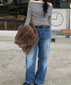 【丈別】ダブルカットハイウエストワイドデニムパンツ BLUE