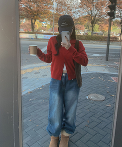 【丈別】ダブルカットハイウエストワイドデニムパンツ BLUE