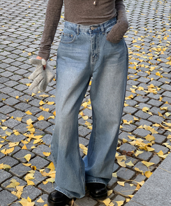 【丈別】ダブルカットハイウエストワイドデニムパンツ LIGHT BLUE