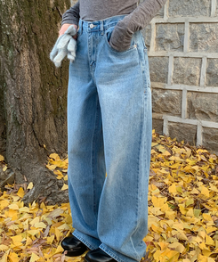 【丈別】ダブルカットハイウエストワイドデニムパンツ LIGHT BLUE