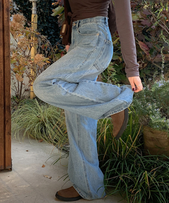 【丈別】ダブルカットハイウエストワイドデニムパンツ LIGHT BLUE