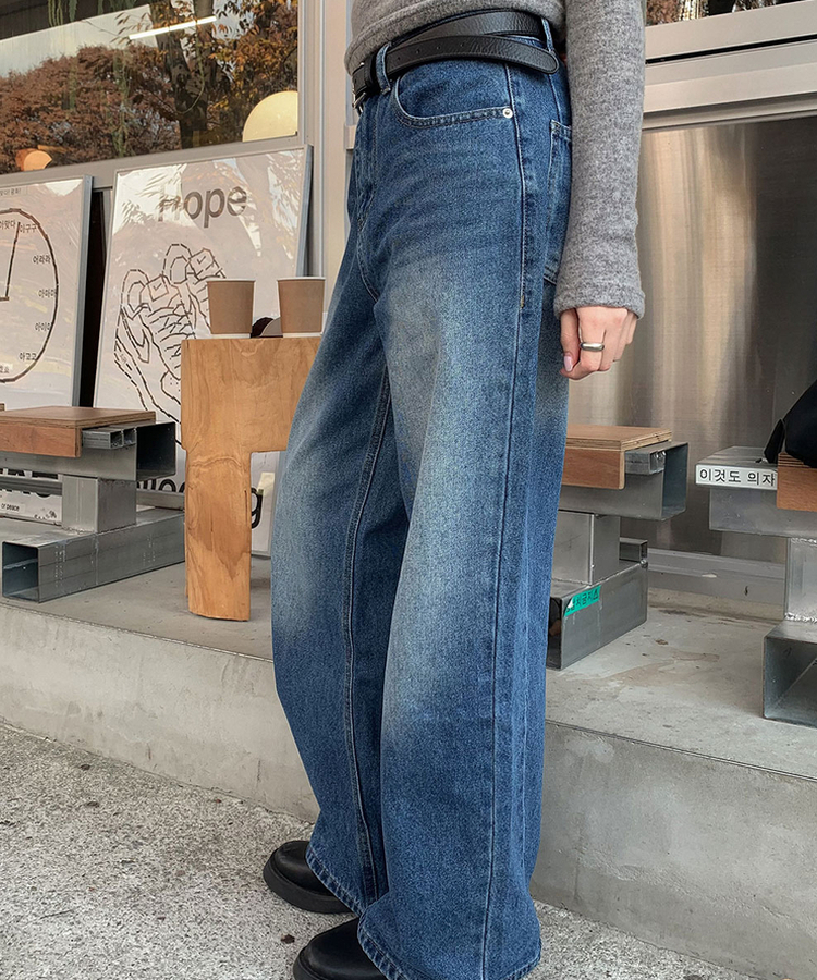 【丈別】ダブルカットハイウエストワイドデニムパンツ BLUE