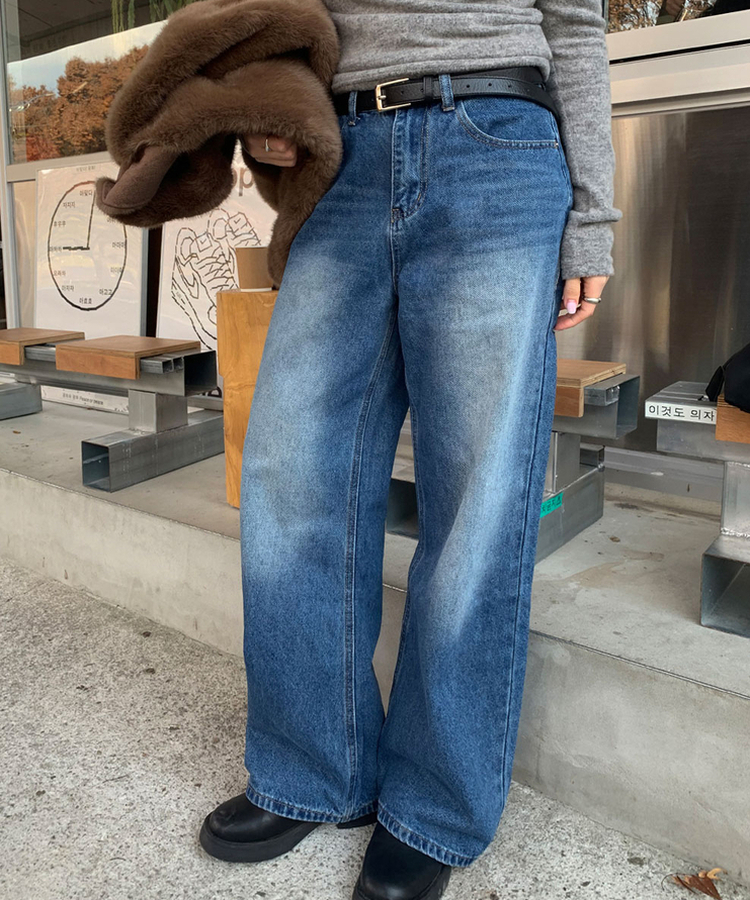 【丈別】ダブルカットハイウエストワイドデニムパンツ BLUE