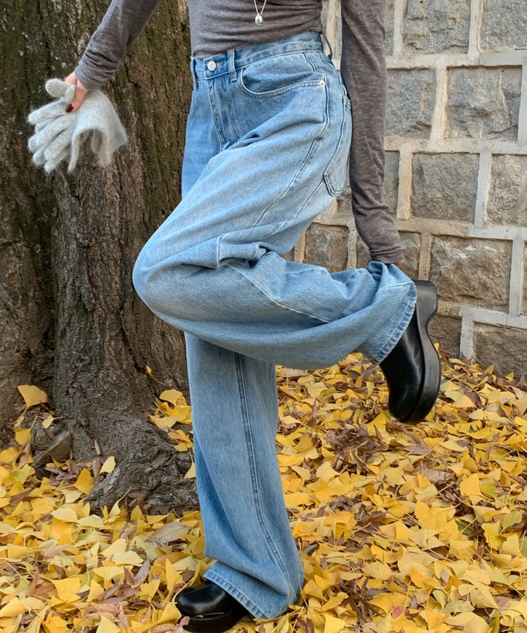 【丈別】ダブルカットハイウエストワイドデニムパンツ LIGHT BLUE
