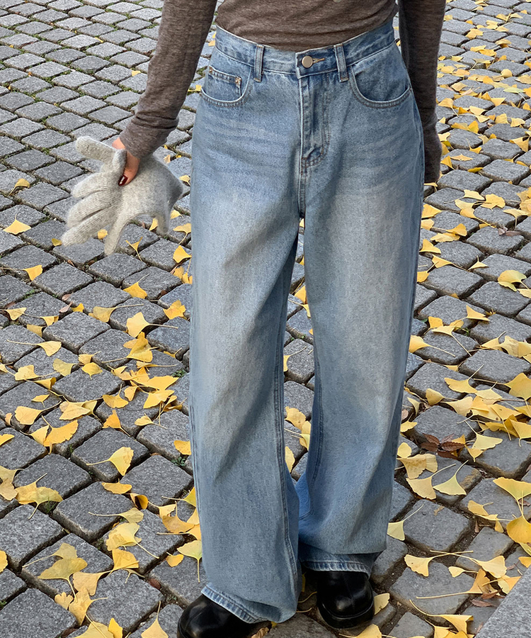 【丈別】ダブルカットハイウエストワイドデニムパンツ LIGHT BLUE