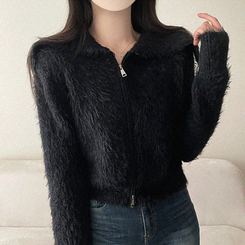 アンゴラセーラージップアップカーディガン BLACK