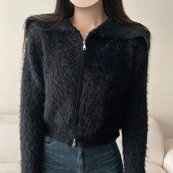 アンゴラセーラージップアップカーディガン BLACK