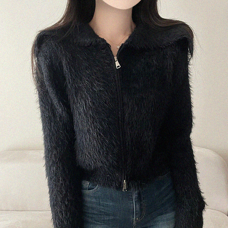 アンゴラセーラージップアップカーディガン BLACK