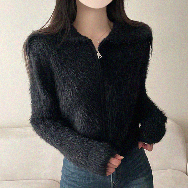 アンゴラセーラージップアップカーディガン BLACK