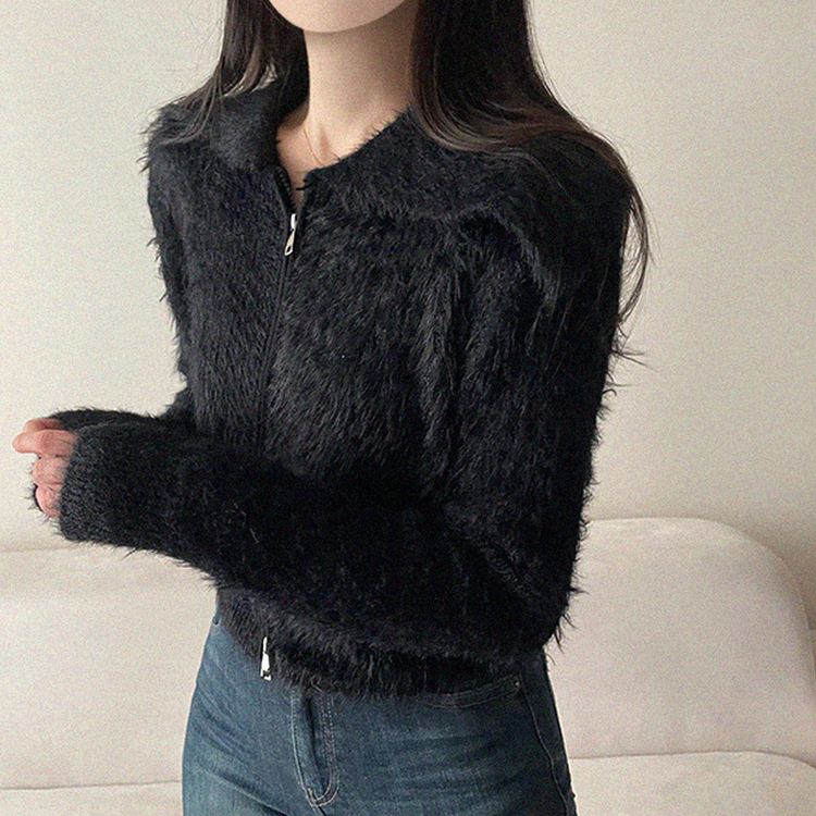 アンゴラセーラージップアップカーディガン BLACK