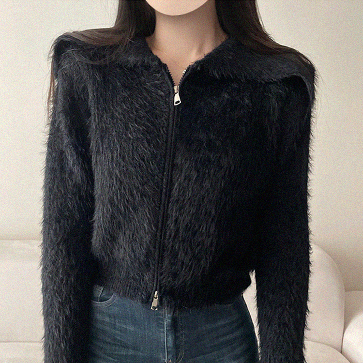 アンゴラセーラージップアップカーディガン BLACK