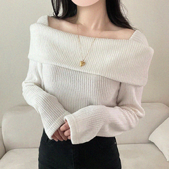 【起毛】リブオフショルダーふんわりニット IVORY