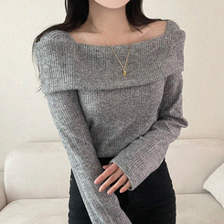 【起毛】リブオフショルダーふんわりニット GRAY