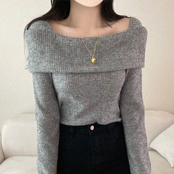 【起毛】リブオフショルダーふんわりニット GRAY