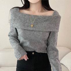 【起毛】リブオフショルダーふんわりニット GRAY