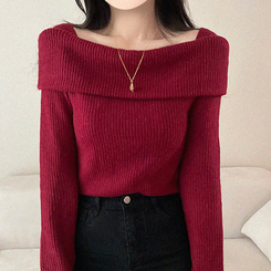 【起毛】リブオフショルダーふんわりニット RED