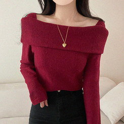 【起毛】リブオフショルダーふんわりニット RED