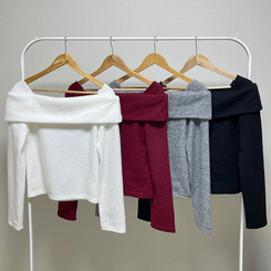 【起毛】リブオフショルダーふんわりニット