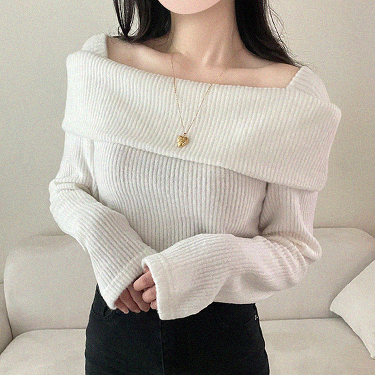 【起毛】リブオフショルダーふんわりニット IVORY