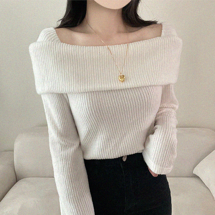 【起毛】リブオフショルダーふんわりニット IVORY