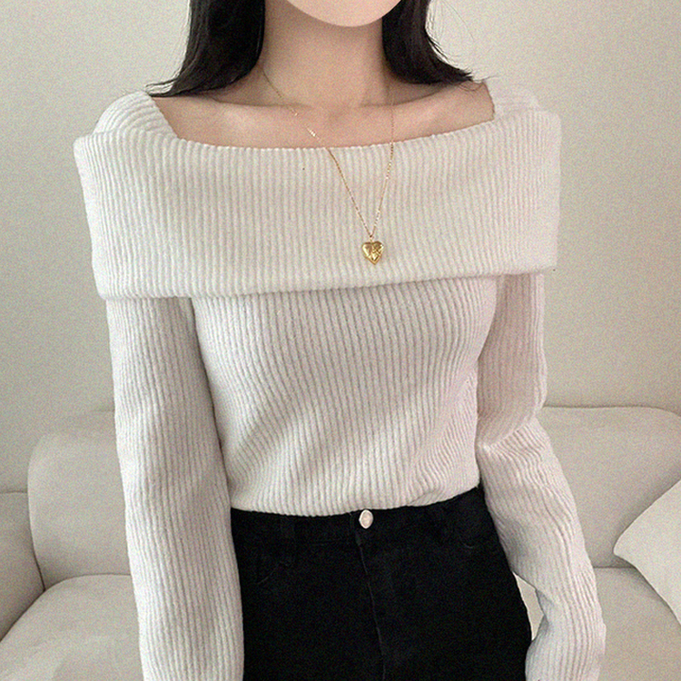 【起毛】リブオフショルダーふんわりニット IVORY