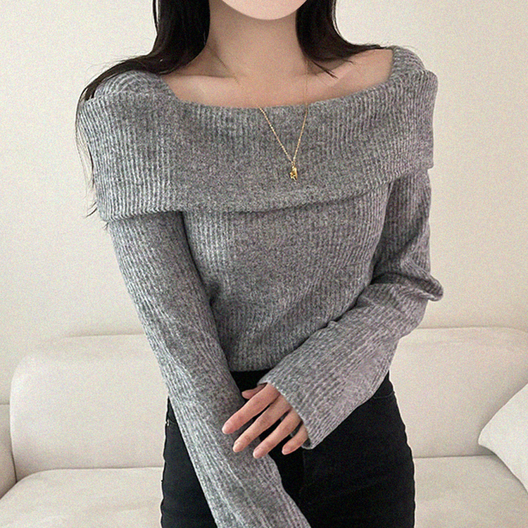 【起毛】リブオフショルダーふんわりニット GRAY