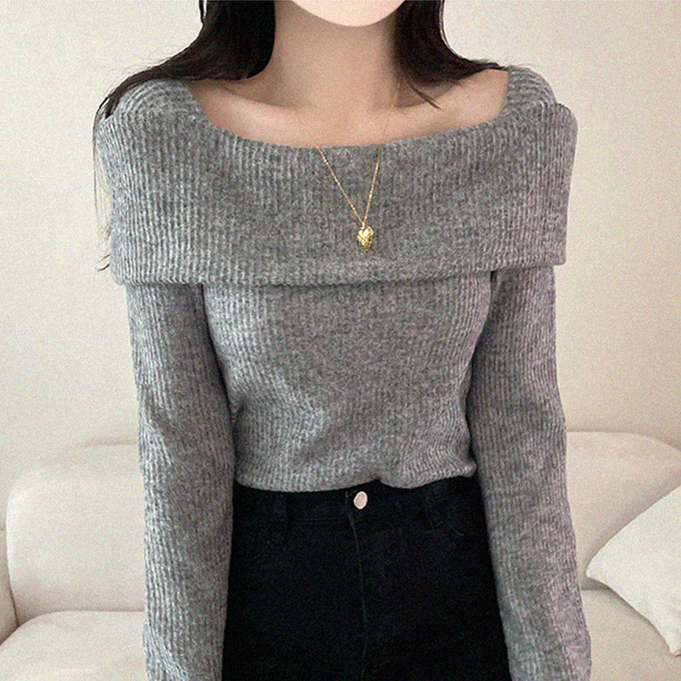 【起毛】リブオフショルダーふんわりニット GRAY