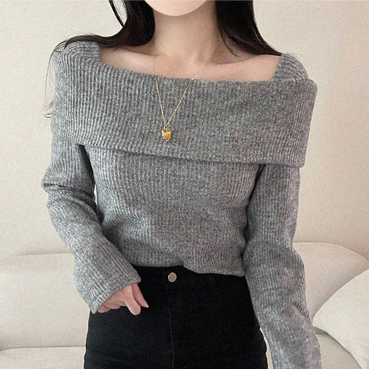 【起毛】リブオフショルダーふんわりニット GRAY