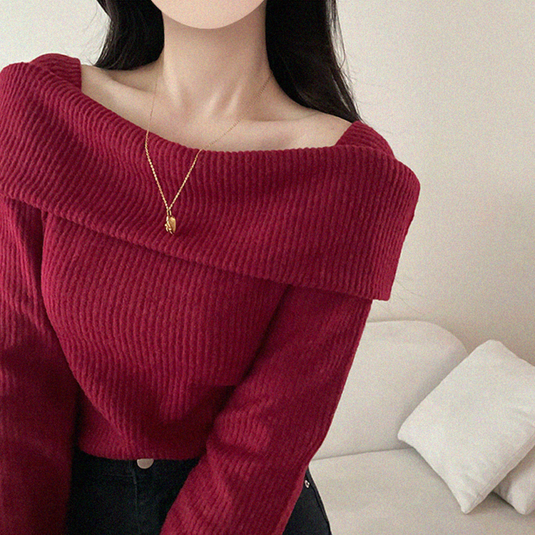 【起毛】リブオフショルダーふんわりニット RED