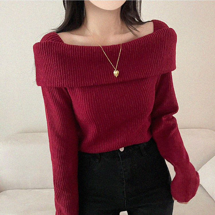 【起毛】リブオフショルダーふんわりニット RED
