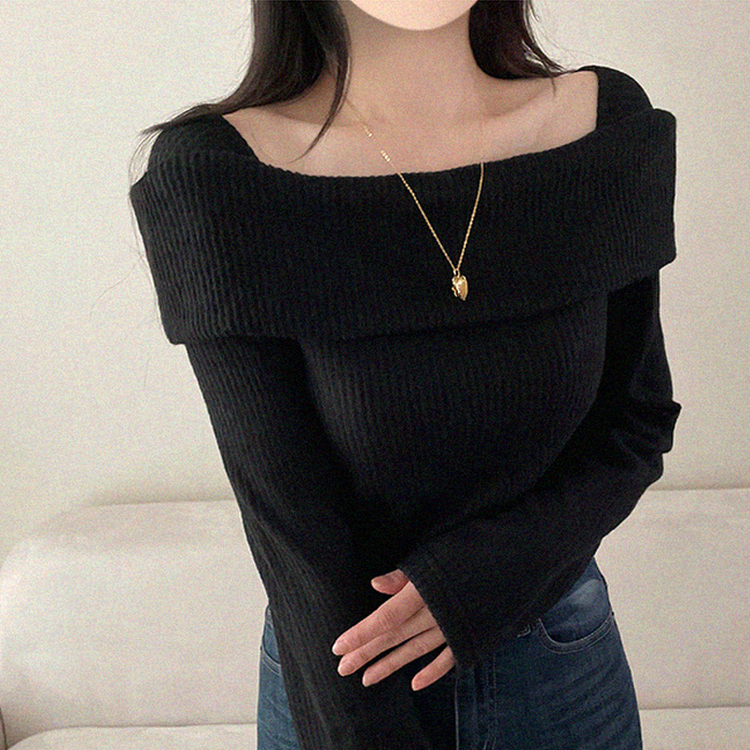 【起毛】リブオフショルダーふんわりニット BLACK